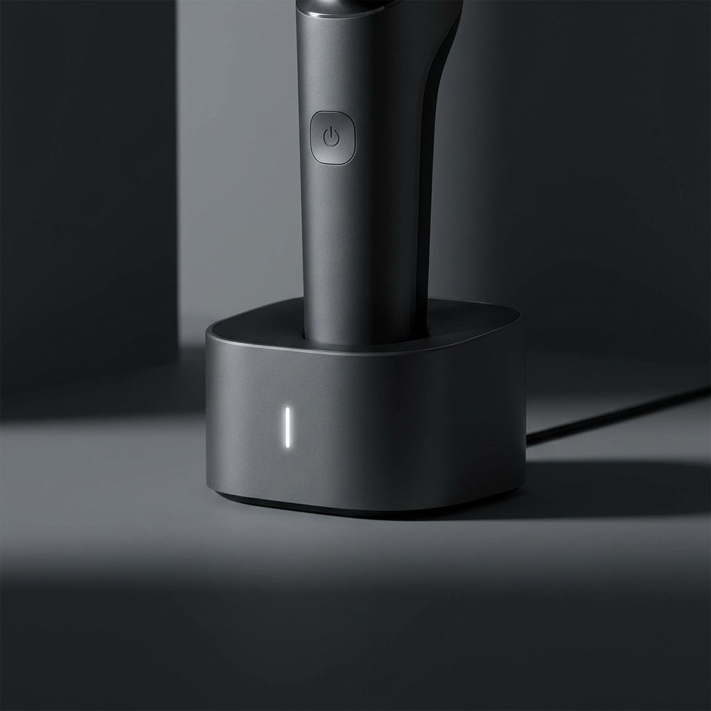 Minimalist charging dock for electric shaver in sleek graphite material
